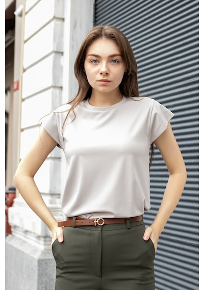 Kadın İpeksi Kumaş Geniş Sıfır Yaka Kısa Kol Tshirt Bluz-taş Taş
