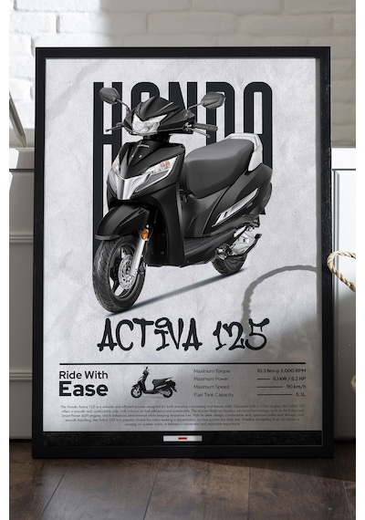 Honda Activa 125 Siyah Ahşap Çerçeveli Poster, Dekoratif Motosiklet Duvar Tablosu