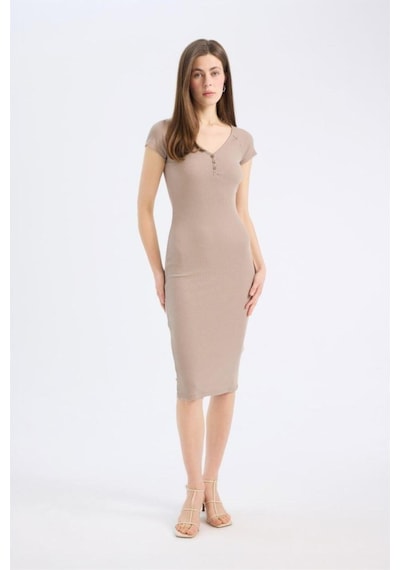 DeFacto Bodycon Vücudu Saran V Yaka Fitilli Kaşkorse Kısa Kollu Midi Elbise E7368AX25SPBG73