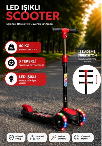 Scooter Yeni Swing 3tekerli Led Işıklı 40kğ Kapasiteli 3 Yaş Uygun Kırmızı