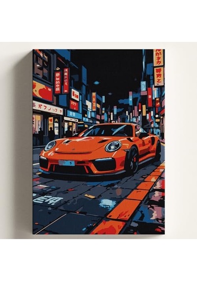 Sayılarla Boyama Tuval Hobi Seti, Japon Porsche Temalı Fırça Ve Boya Dahil Set Çıtalı 50x70 Cm, Kendin Yap Sayılarla Tuval Boya Kiti Kasnaklı