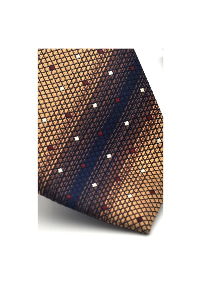 Gaffy Kahverengi Verev Desenli Bej Dokuma Kumaş Mendilli Slim Fit Kravat // Sdk-2505-5 Bej