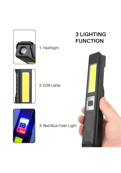 Profesyonel Oto Tamirci Işığı - 180 Derece Dönebilen Mıknatıslı Cob Led Fener Beyaz - Siyah