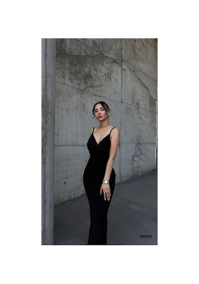 DefyModa Kadın Modern Tasarım V Yaka Pile Detaylı Askılı Abiye Elbise Siyah