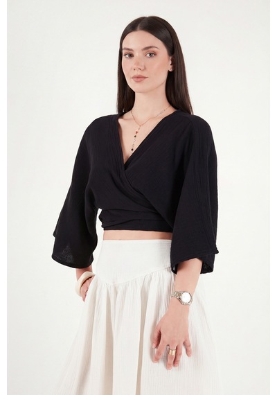 Lela Pamuklu Regular Fit Bağlamalı Crop Kimono Bayan Kimono 668yl2783 Siyah