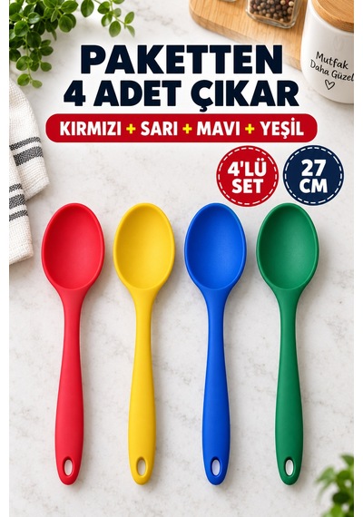 4'lü Set Kırmızı Sarı Mavi Yeşil, Büyük Boy Silikon Kaşık Seti 27 Cm, Yemek Pişirme Ve Servis Kaşığı