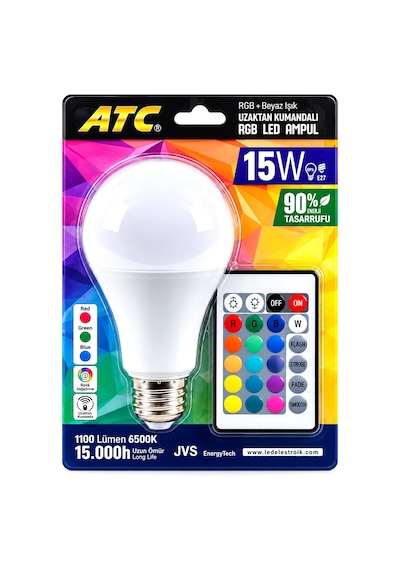 Kumandalı - Rgb 15w 90w - E27 Led Ampul 1100lm 15000 Saat Ömür Belirtilmemis