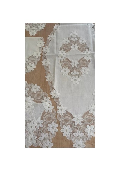 Salon Takımı Çeyizlik Krem Runner Set 5 Parça Keten Masa Örtüsü Runneri Lüx Evita Çok Renkli