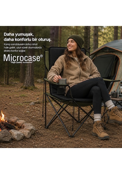 Microcase İple Sabitlemeli Katlanabilir Sırtlıklı Tasarım Kamp Sandalyesi Minderi Piknik Outdoor Balıkçılık 80x40 Cm Al5565 Krem