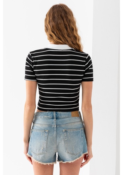 Giysa Kadın Polo Yaka Çizgili Pamuklu T-shirt Siyah Beyaz - 25795 Siyah - Beyaz