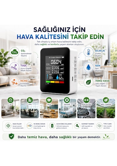 5'i 1 Arada Dijital Hava Kalitesi Ölçer Co2 Tvoc Hcho Sıcaklık Nem Ölçer Şarjlı Hava Kalitesi Dedektörü Hd Ekranlı Beyaz