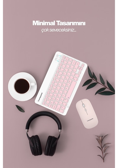 Tablet Ve Telefonlar İçin Bluetooth - Wireless Klavye Ve Mouse Set - Pembe Diğer