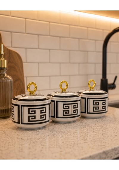 Kahvaltılık - 3'lü Şekerlik Versa Desen Siyah Gold