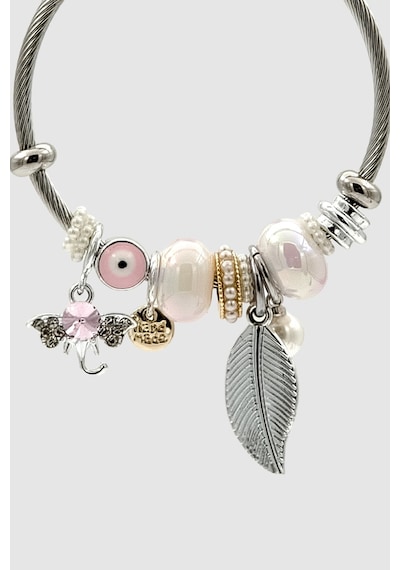 Charm Detaylı Yaprak Ve Fil Figürlü Silver Bijuteri Kelepçe Bileklik Gümüş