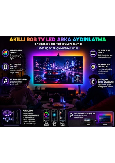 Techtic Kameralı Tv Arka Aydınlatması Led Şerit Ekran Ve Müziğe Senkronize Tv Ambiyans 55-75inç 5m