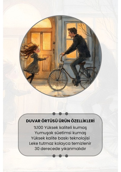 Kış Akşamı Kız Ve Baba Desenli Duvar Halısı Duvar Örtüsü Tapestry Süet Dokulu Kumaş