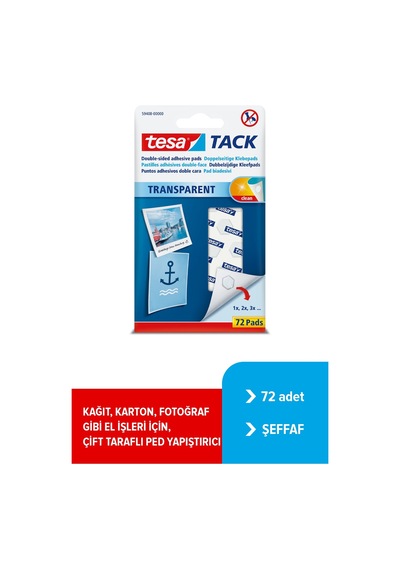 Tack Çift Taraflı Yapışkan Pedler, Şeffaf, 72'li