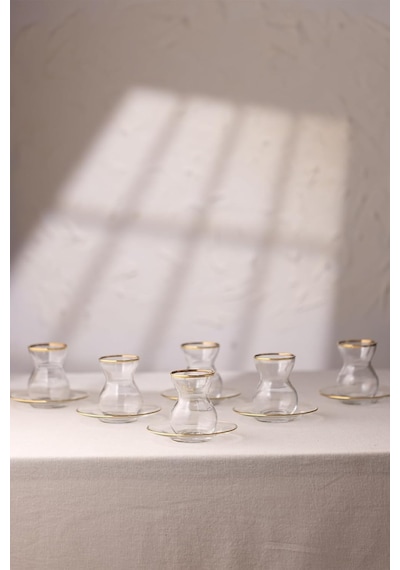 Astoria Gold Premium Çay Seti Koleksiyonu - Altın Yaldızlı Kristal Cam - 12 Parça 140cc Bardak Ve Tabak - El İşçiliği Detaylar - Çay Servisi Çok Renkli