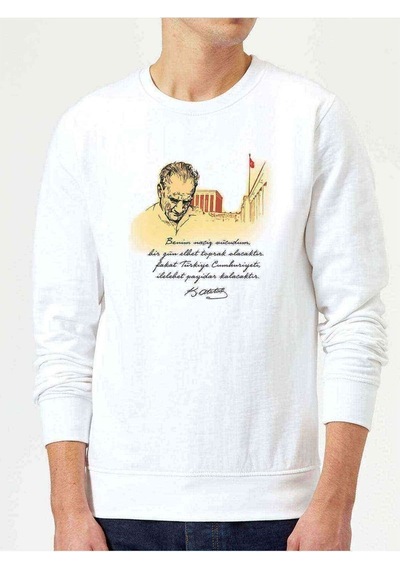 Ataturk Baskılı Beyaz Erkek Örme Sweatshirt