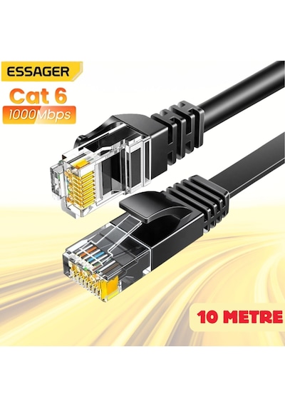 Essager 10 Metre Cat6 1000mbps Süper Hızlı Gecikmesiz Ethernet Kablosu, 1gbps Altın Kablama Uçlu İnternet Kablosu