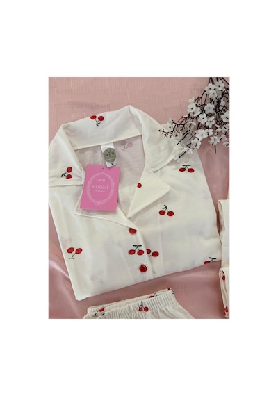 Mh Moony Homewears Beyaz Mh Cherry 3'lü Pamuklu Pijama Takımı Krem