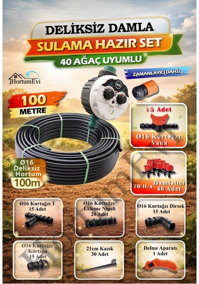 Otomatik Zamanlayıcılı Deliksiz Damla Sulama Seti Ø16 100 Metre 40 Ağaç Uyumlu Hs0000