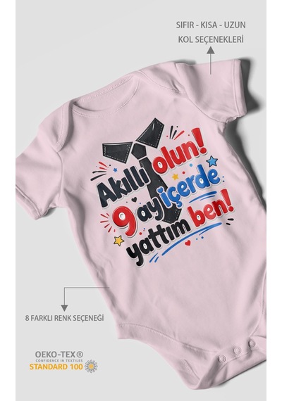 Morivokids Akilli Olun 9 Yazılı Kısa Kollu Bebek Body %100 Pamuk Bebe Pembe