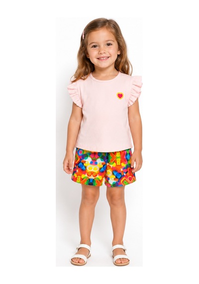 Haribo Lisanslı Fırfır Kollu Renkli Şortlu T-shirt Şort Takım Pudra