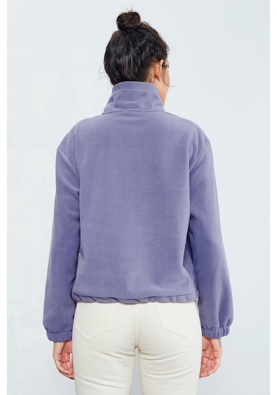 Tommy Life Açık Eflatun Yarım Fermuar Etek Ucu Büzgülü Kadın Polar Oversize Sweatshirt - 97171 Eflatun