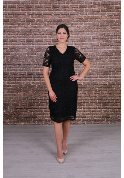 Nidya Moda Büyük Beden Kadın Siyah Dantel Elbise-4161S Siyah