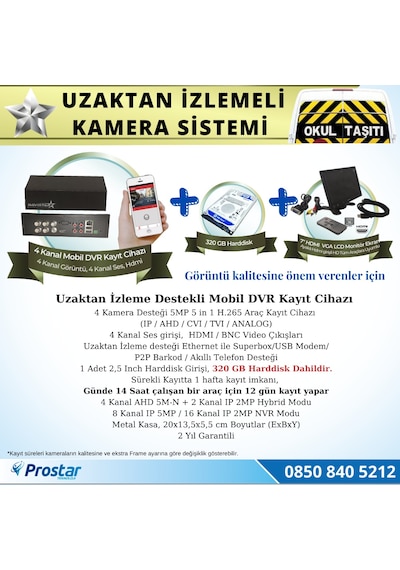 Okul Servis Kamera Sistemi Seti Uzaktan Izlemeli 4 Kameralı 7 İnç Hdmi Monitör 320 Gb Harddisk Dahil