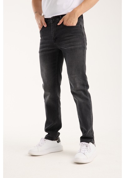 Erkek Pantolon Siyah Regular Fit Fermuarlı Jeans Füme