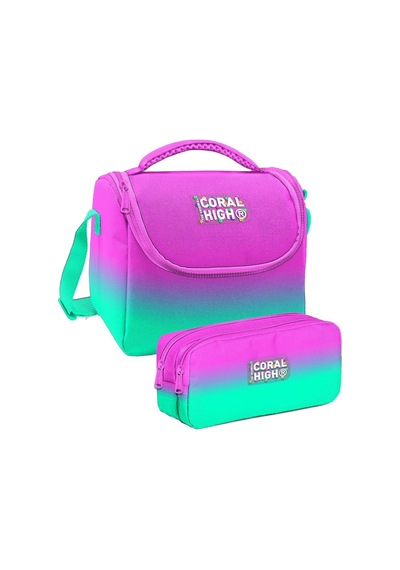 Coral High Pembe Su Yeşili Renk Geçişli Desenli Kız Çocuk Isı Yalıtımlı Beslenme Çantası Ve Kalemlik Seti