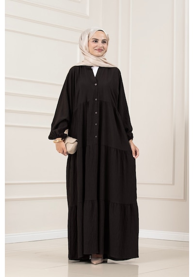 Sevitli Lilyum Kumaş Robalı Katya Elbise-kahverengi-5819