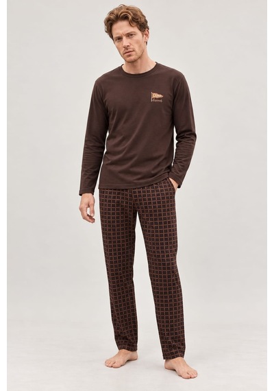 Pemilo Erkek 6500-3 Uzun Kol % 100 Pamuk Cotton Pijama Takımı Kahverengi