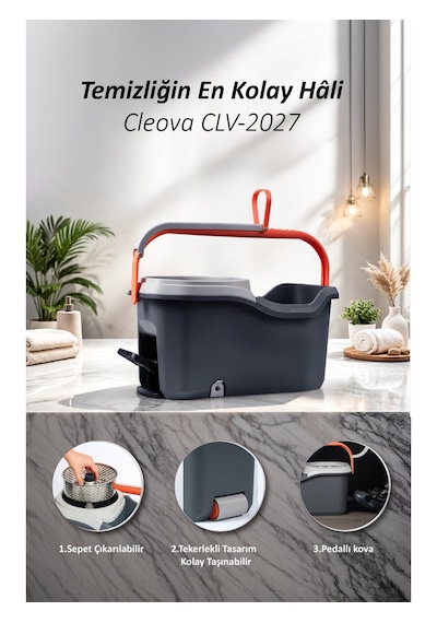Cleova Cleanmate S2 Pedallı Mop Temizlik Seti Tekerlekli Kova Çıkarılabilir Çelik Sepet