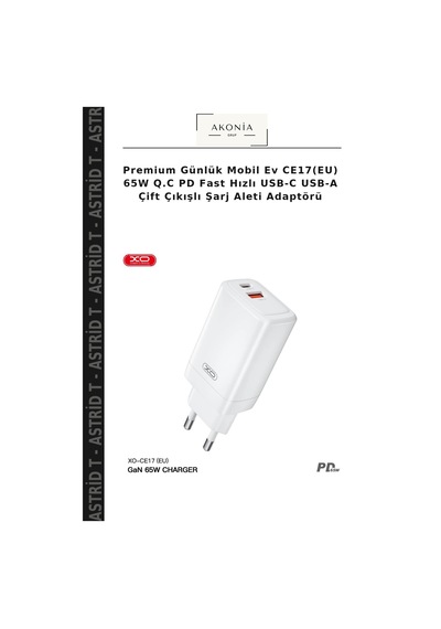 Premium Günlük Mobil Ev Ce17 Eu 65w Q.c Pd Fast Hızlı Usb-c Usb-a Çift Çıkışlı Şarj Aleti Adaptörü