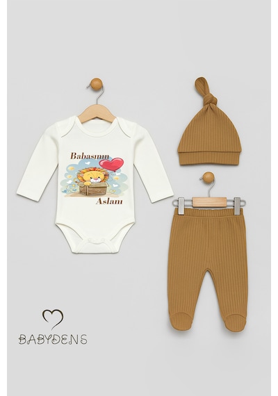Babyden's Babasının Aslanı Baskılı 3 Lü Bebek Takımı Uzun Kol Çıtçıtlı Zıbın, Pantolon, Bere %100 Pamuk Açık Kahverengi