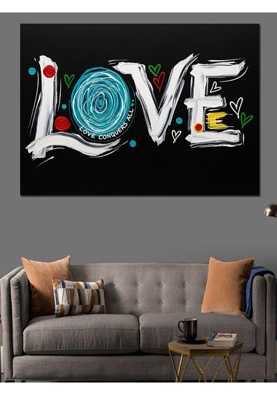 Love Yazısı Kalp Çizim Dekoratif Kanvas - Mdf Ahşap Tablo