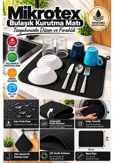 Siyah Bez Mikrotex Bulaşık Kurutma Matı 45x36 Cm Süper Emici Katlanabilir Tezgah Üstü Kurutma Mat
