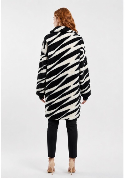 Neden Tekstil Zebra Desenli Kadın Peluş Kaban - Siyah