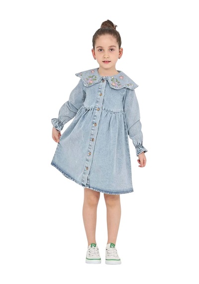 İrem Çocuk Giyim Kız Çocuk Yakası Nakışlı Önü Düğme Kapamalı Bilekleri Lastikli Midi Boy Elbise Mavi İrem Çocuk Giyim Kız Çocuk Yakası Nakışlı Önü Düğme Kapamalı Bilekleri Lastikli Midi Boy Elbise Mavi