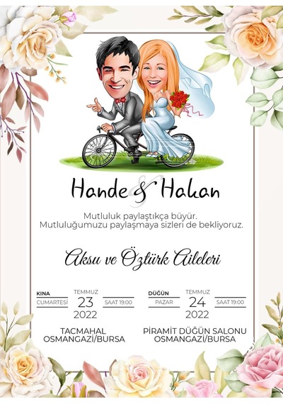 Bk Gift Kişiye Özel Karikatürlü Bitmeyen Düğün Davetiyesi Model 7