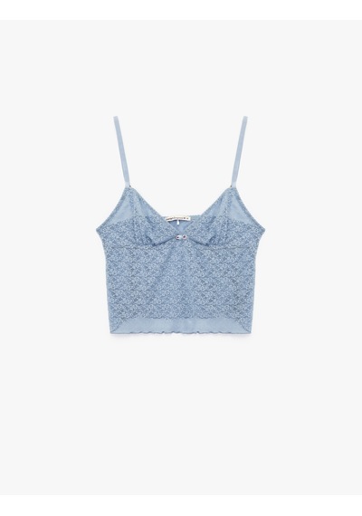 Koton Kalp Yaka İnce Askılı Dantelli Pijama Üstü Mavi 5slk90034mk