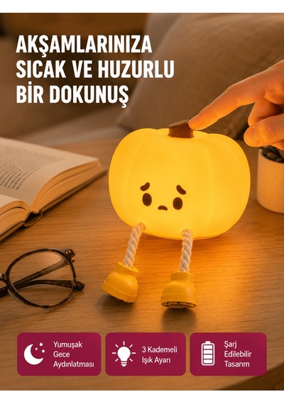 Pumpkin Led Gece Lambası Üç Kademeli Işık Ayarlı Yeni Nesil Siyah