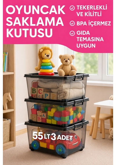 55 Lt Antrasit Kilitli Tekerlekli Saklama Düzenleme 3 Adet Siyah