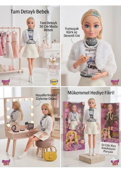 Beyaz Ceketli Beyaz Etekli Bebek 30 Cm Model Oyuncak Bebek Model Bebek