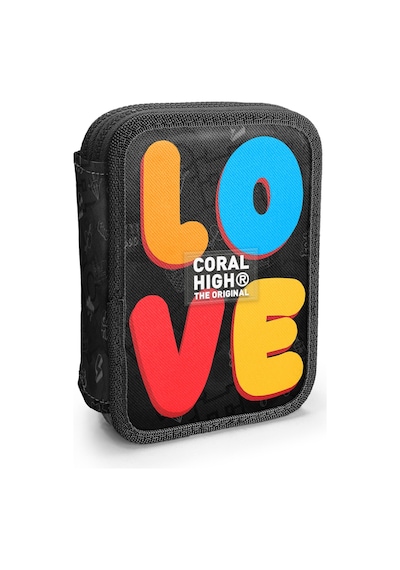 Coral High Kids Renkli Love Desenli Çift Katlı Kalem Çanta 31109 Siyah