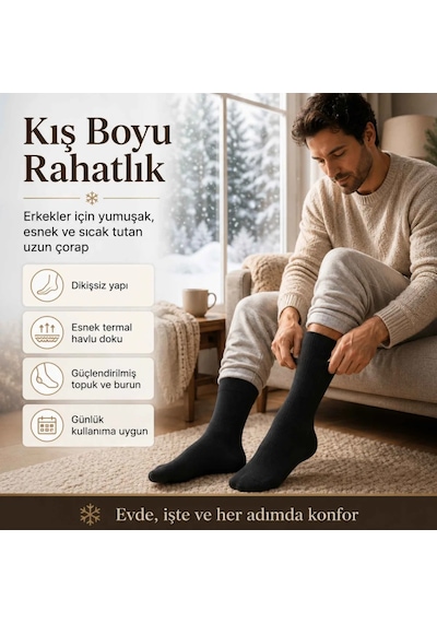 Çorap Giyim Erkek Siyah 6 Lı Kışlık Uzun Termal Havlu Çorap Dikişsiz, Esnek, Sıcak Tutan, Güçlendirilmiş Topuk Ve Burun