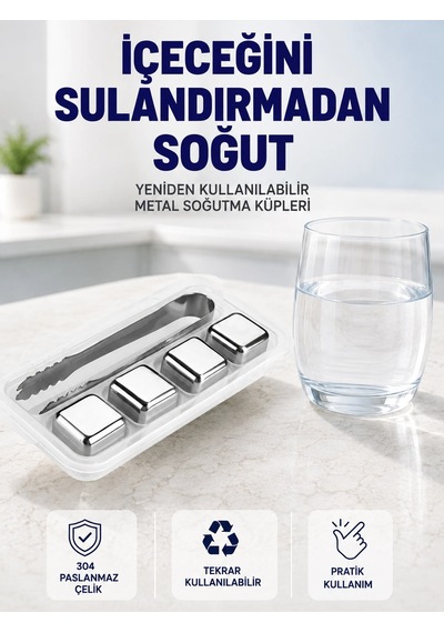 Mey İthalat Paslanmaz Çelikten Üretilmiş Metal Buz Küpü Seti Ve Buz Klipsi